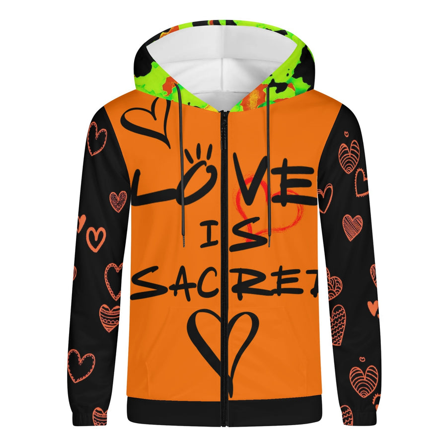 LOVE IS SACRED - ORANGE BLACK - LIGHTWEIGHT ZIP HOODIE