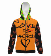 LOVE IS SACRED - ORANGE BLACK - LIGHTWEIGHT ZIP HOODIE