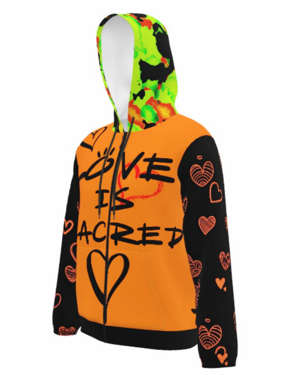 LOVE IS SACRED - ORANGE BLACK - LIGHTWEIGHT ZIP HOODIE