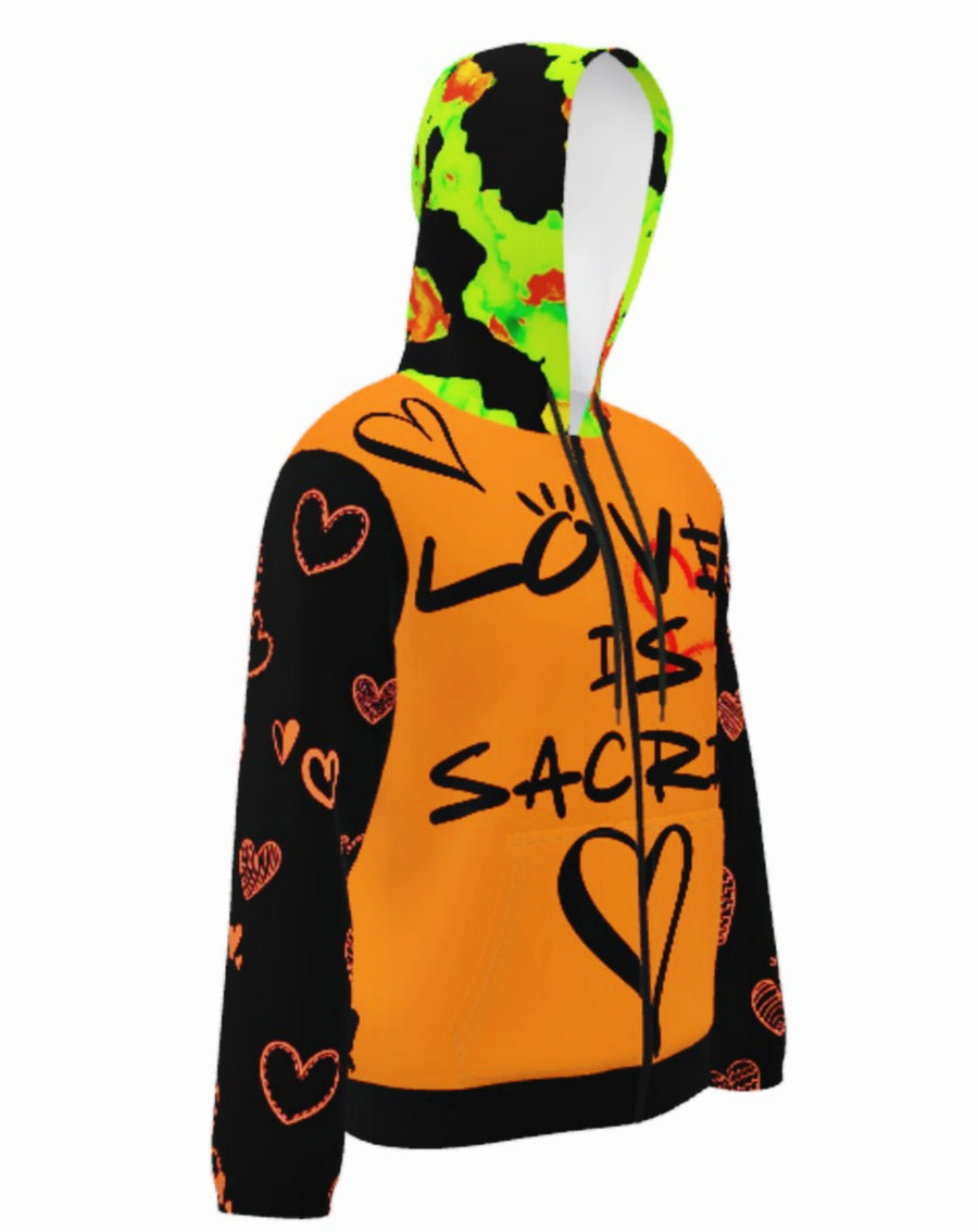 LOVE IS SACRED - ORANGE BLACK - LIGHTWEIGHT ZIP HOODIE